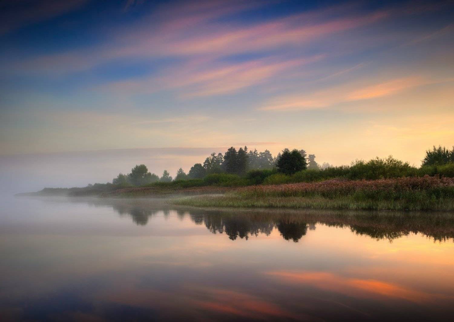 рассвет, река, туман, небо,, Сергей Шабуневич