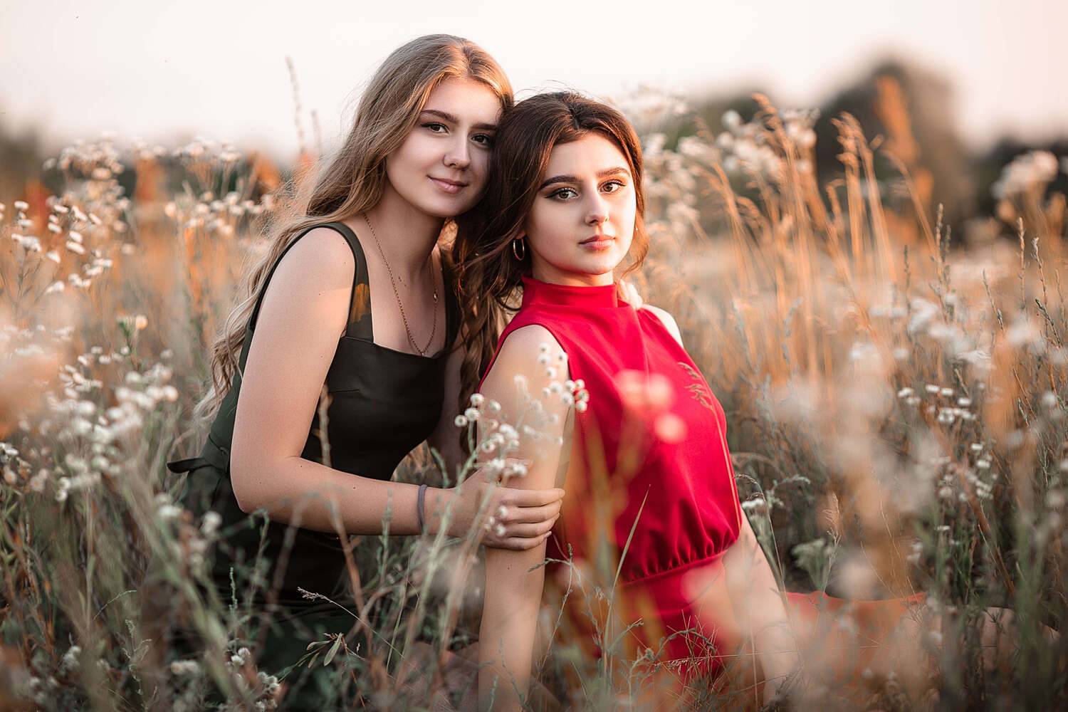 девочки,сёстры, фотосессия, лето, фотосессия на закате, поле, цветы, Владимир Васильев
