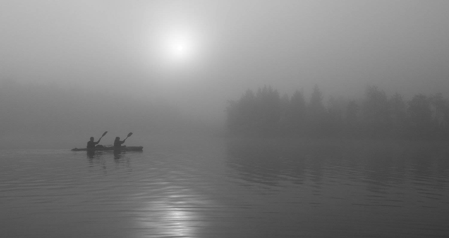 байдарка, туман, озеро, карелия, рассвет, Динара