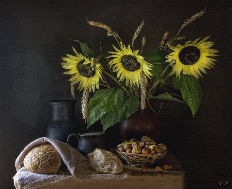 натюрморт, молоко, хлеб, подсолнух, орехи, лето, milk, bread, still, life, sunflower, summer, nuts, El. G.