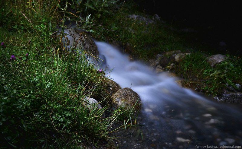 ручей, ночная съёмка, пейзаж, длинная выдержка, горный ручей фото превью