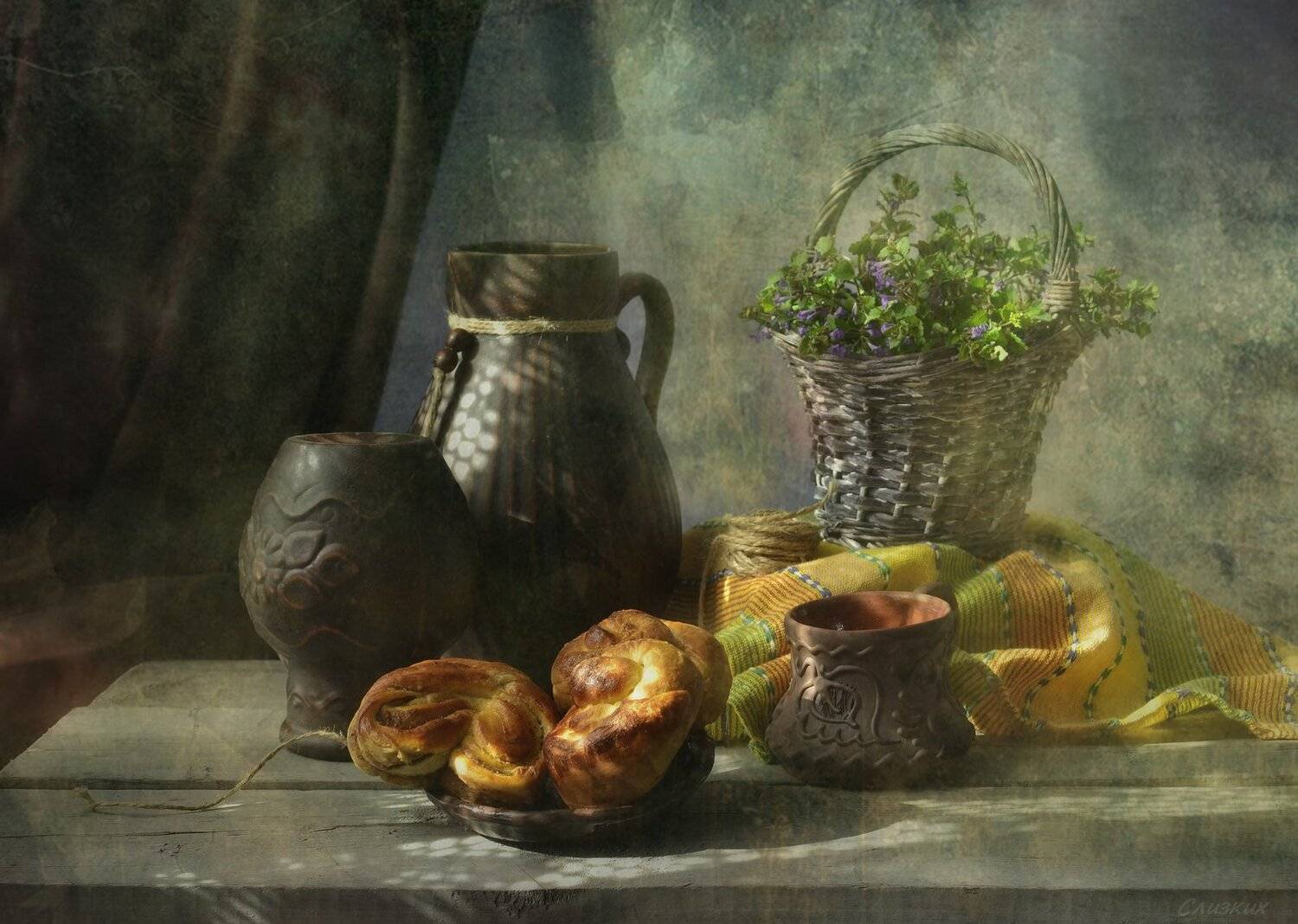 натюрморт,композиция,свет,лето,букет,сдоба,корзинка,кувшин, Инаида