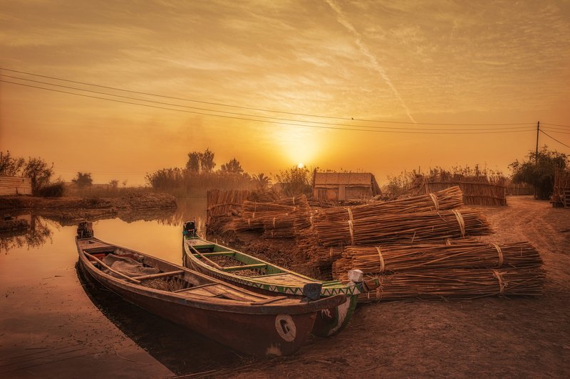 Iraq,marshes,boat,cane  Morning in the marshes фото превью