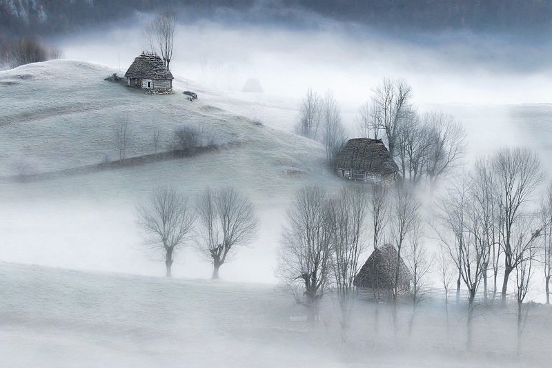 landscape, nature, village, frost, mountains, house, rural A Frozen Moment in Time фото превью