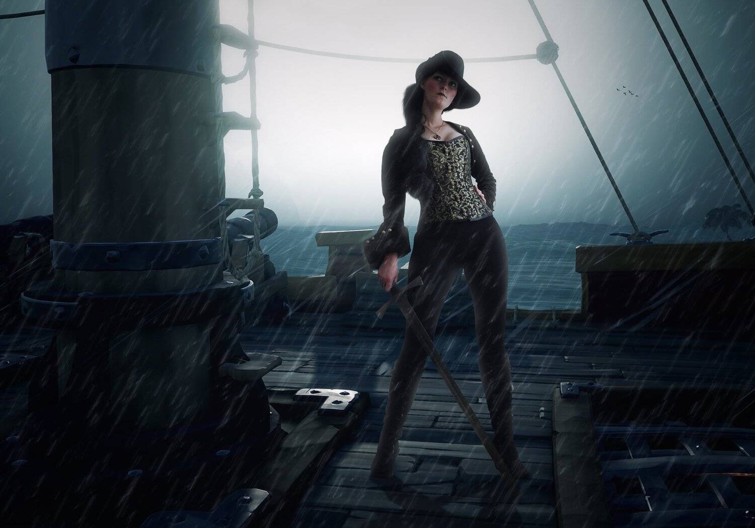 девушка, палуба, дождь, корабль, Sergii Vidov