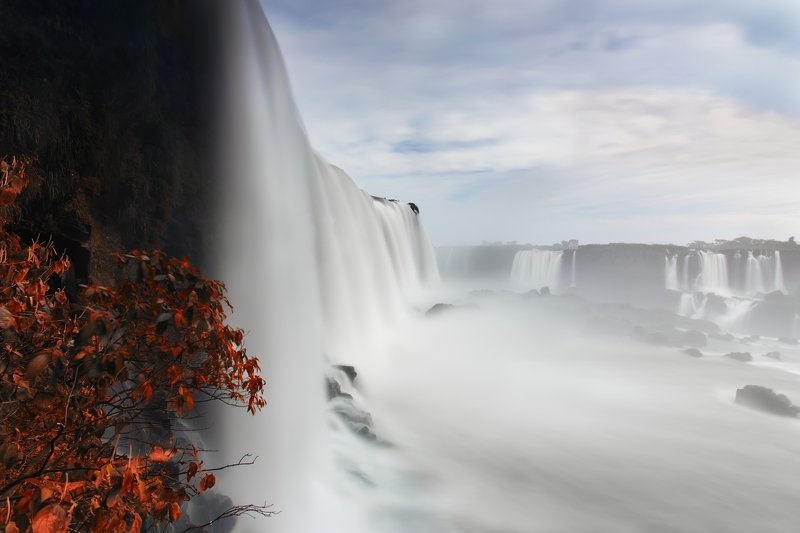 bridge, river, morning, blue, water, fog, scenic, landscape, sky, waterfall, red, autumn, brasil, argentina Iguazu Falls фото превью