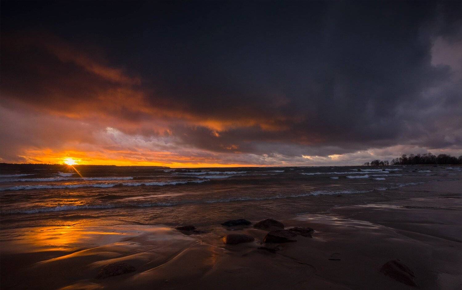 финский залив, шторм, зима, волны, пляж .закат, Павел Ващенков