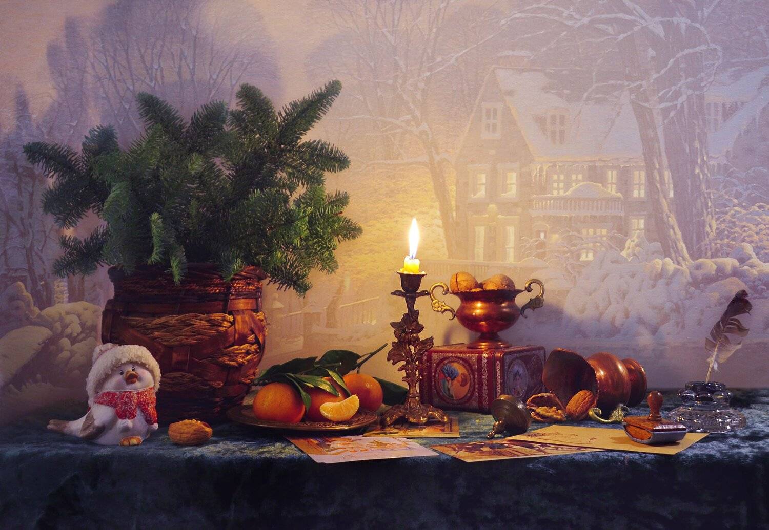 still life,  фото натюрморт, чернильница,свеча, предвкушение, подсвечник, перо, открытки, натюрморт, мандарины, зима, декабрь,, Колова Валентина