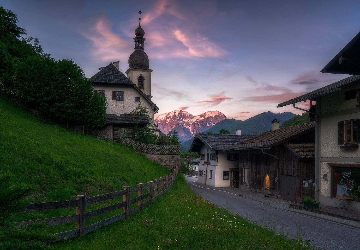 Alpen Glow, Bavaria, Bayern, Blue, Bushes, church, Church Tower, Clouds, Evening Glow, Fence, Forest, germany, Grass, Green, Madow, Mountai Range, Mountain Top, mountains, Outdoor, Pink, Ramsau, Ramsauer Kirche, River, Rocks, Snow, Snow Capped, street, Su, Ludwig Riml