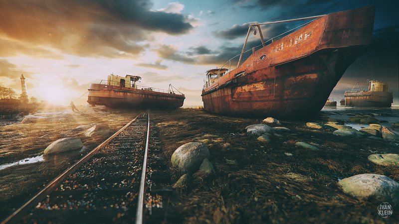 корабль, корабли, заброшенное, ржавчина, маяк, пейзаж, бухта, отлив, закат, море, берег, пляж, коллаж, фото манипуляция, рельсы, руины, остов, Hungry For Metal фото превью