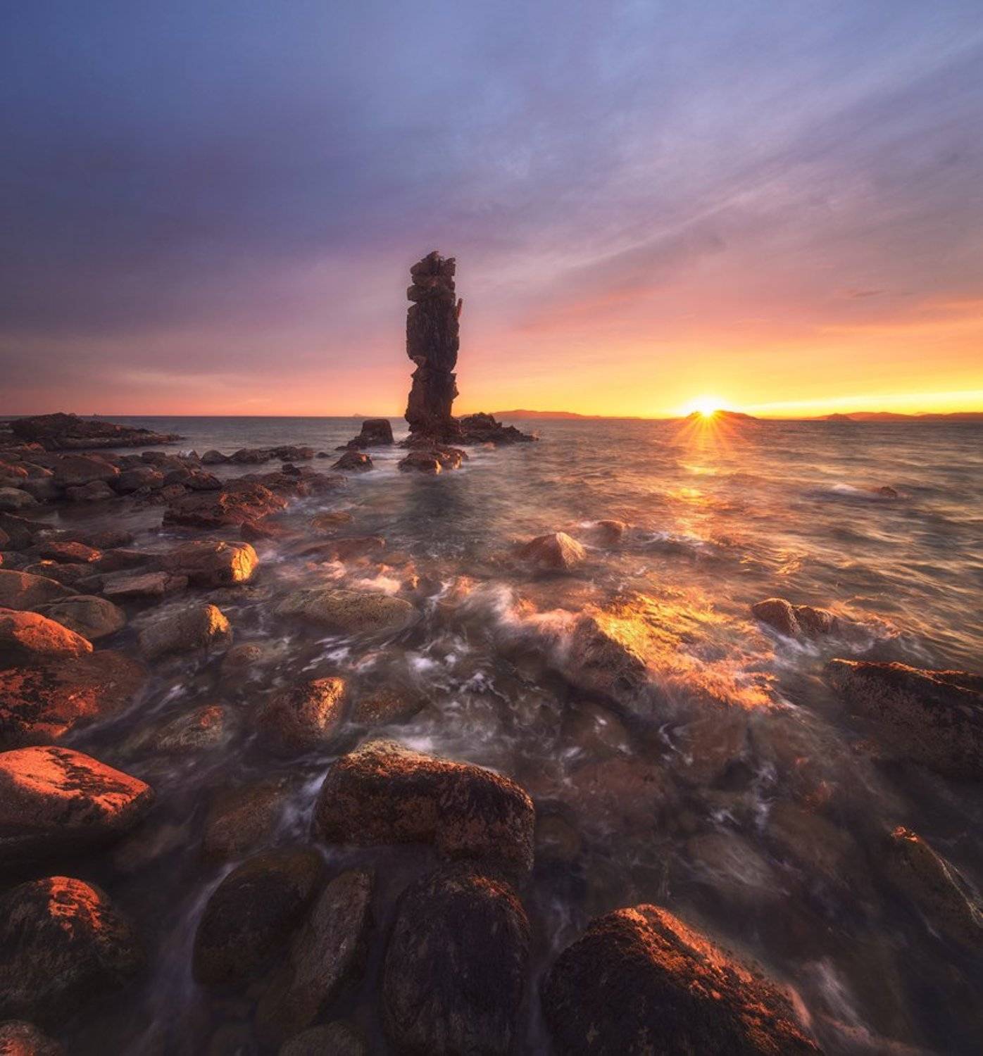 закат краски свет море остров шкота кекур камни волны пейзаж вечер морской пейзаж россия владивосток фото, Дмитрий Подкопаев