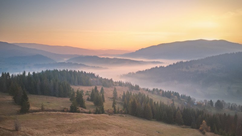 горы, дронофото, карпаты, октябрь, осень, пилипец, рассвет, туман, украина, утро Утро над Лесковцом фото превью