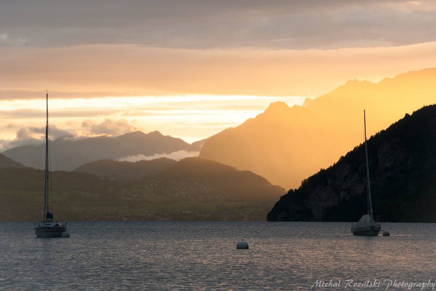 sunset, ,mountain, ,sunrays, ,lake, ,boat, ,summer, ,light, ,, Michal Rozalski