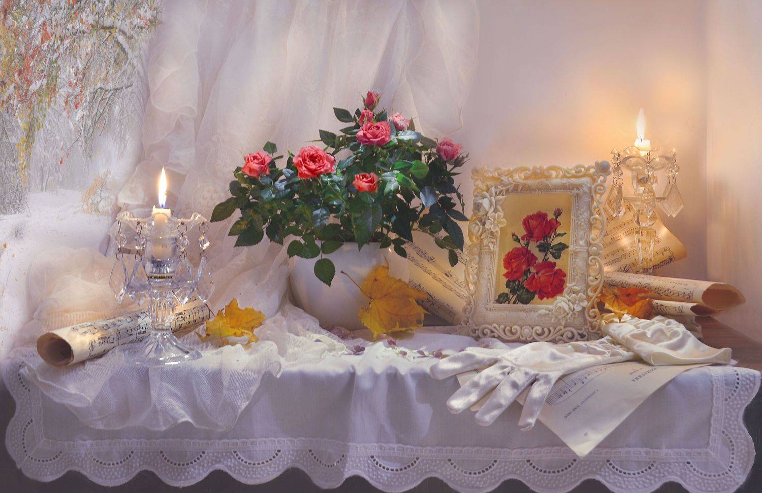 still life, натюрморт, цветы,розы, натюрморт,  зима, декабрь, свечи, ноты, перчатки, стихи, кленовые листья, акварель \, Колова Валентина