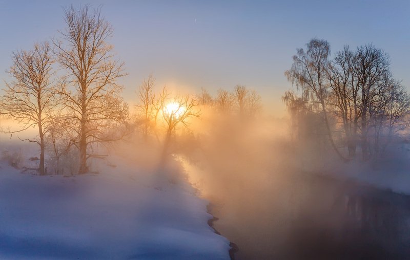 утро, зима, туман, солнце, рассвет, река Рассвет фото превью