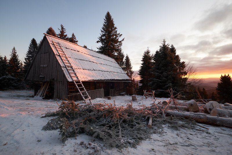 mist,mountains,hut,sunrise,tree,cold,frozen Hut фото превью
