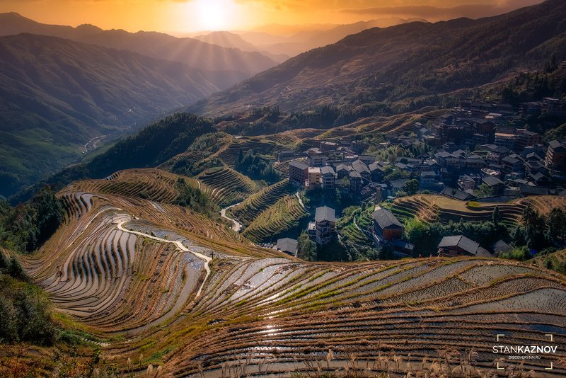 china, longji, sunset, китай, закат Закат над террасами Longji фото превью