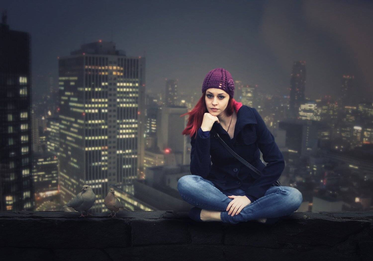 девушка, город, крыша, голуби, Sergii Vidov