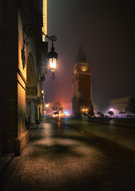 City, cityscape, architecture, colors, street, lights, fog, poland Krakow under the fog фото превью