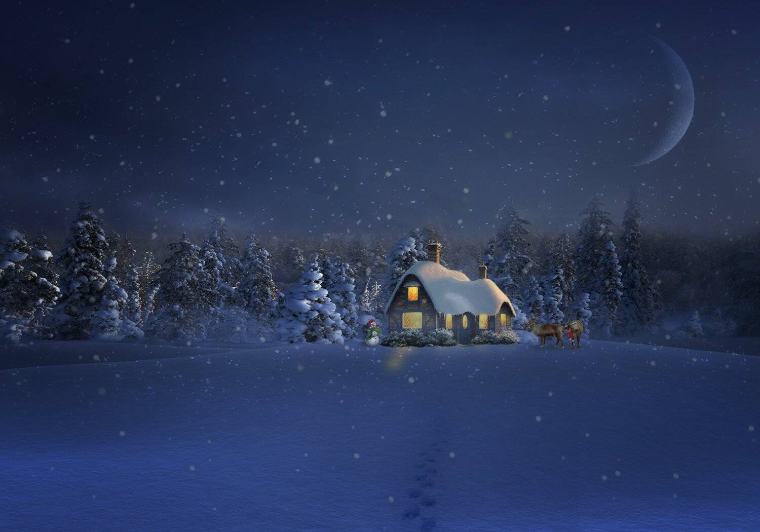 снег, лес, олени, изба, Sergii Vidov