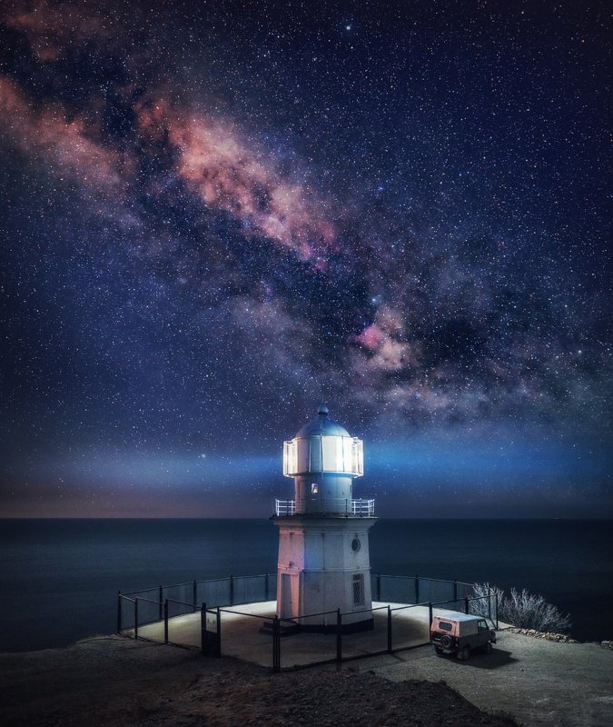 Маяк, мыс, Меганом, ночь, млечный путь, Маяк на мысе Меганом фото превью