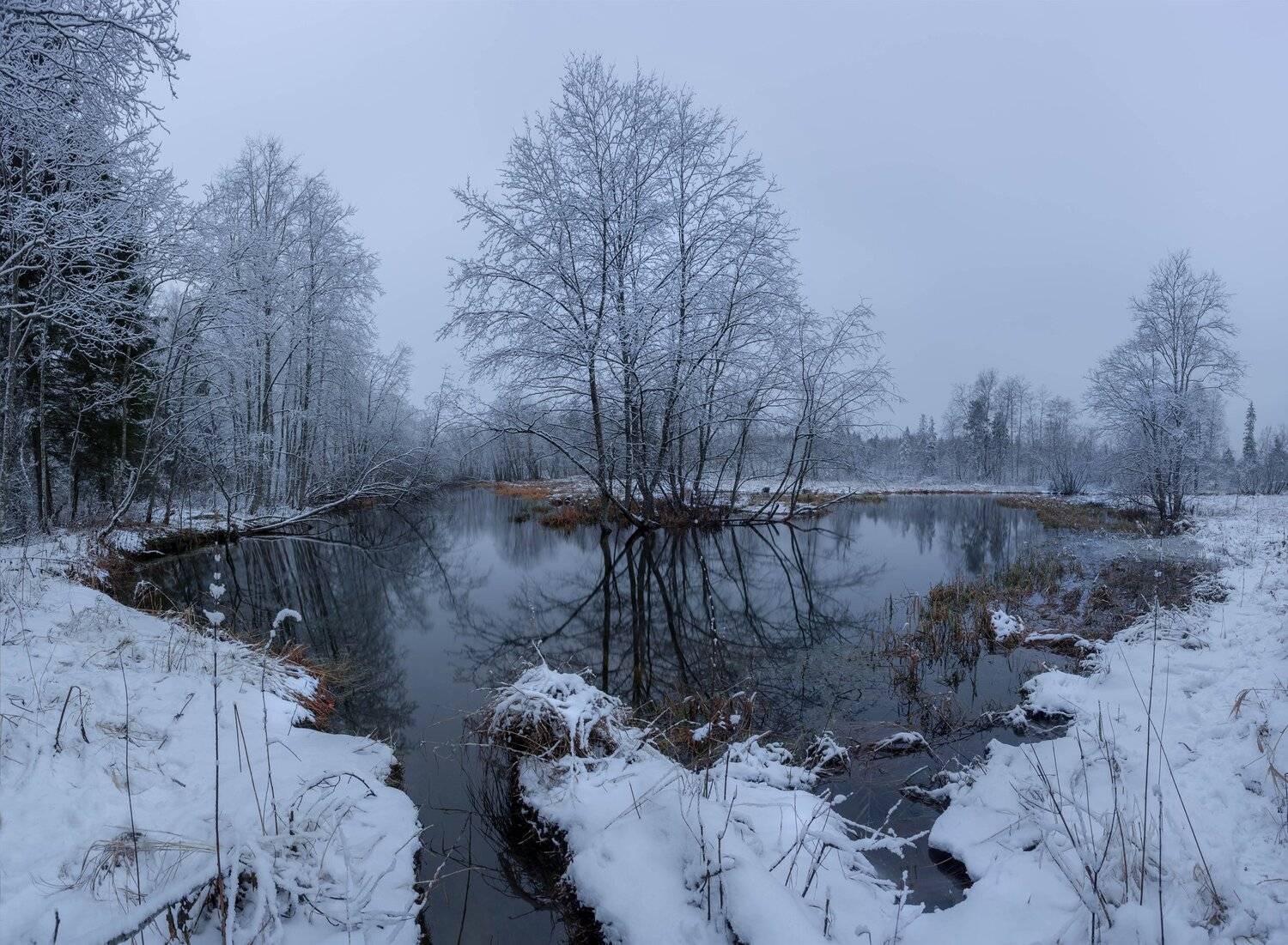 река, зима, вечер,  сумерки ,панорама, лес, снег, Павел Ващенков