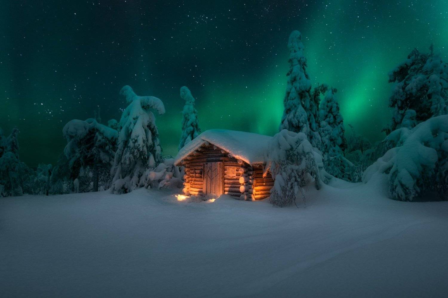 зима, ночь, домик, ёлки, сияние, снег, новый год, Cтанислав Малых