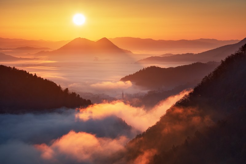 slovenia, light, morning, fog, autumn, fall, sunrise, hills, mountains, europe, sky, church, tower Good Morning! фото превью
