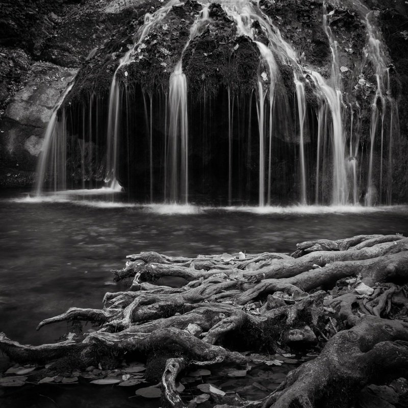 чёрно-белое, водопад Водяные нити фото превью