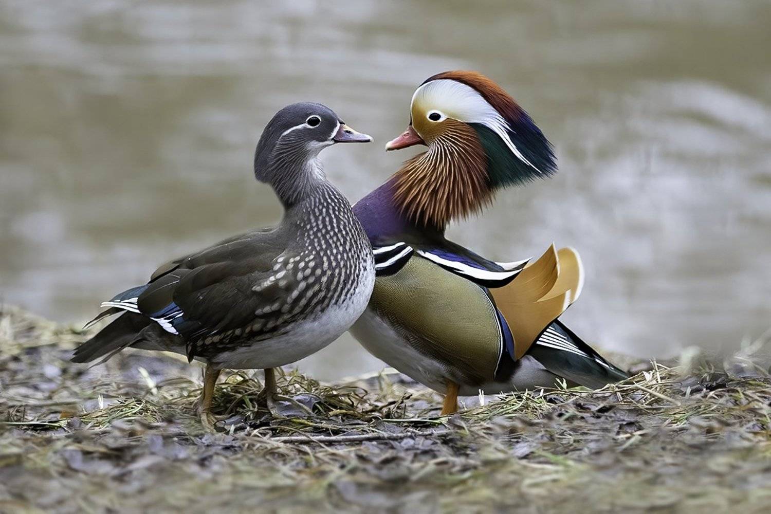 птицы, мандаринки, река, берег, Наталия Сытина