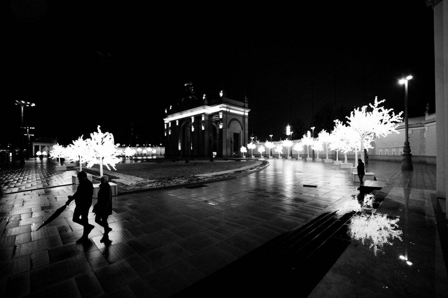 Двое, пара, синхронность, зонт, зонтик, мостовая, плитка, мокрая, вечер, ночь, ВДНХ, главный вход, иллюминация, Дмитрий Ткаченко