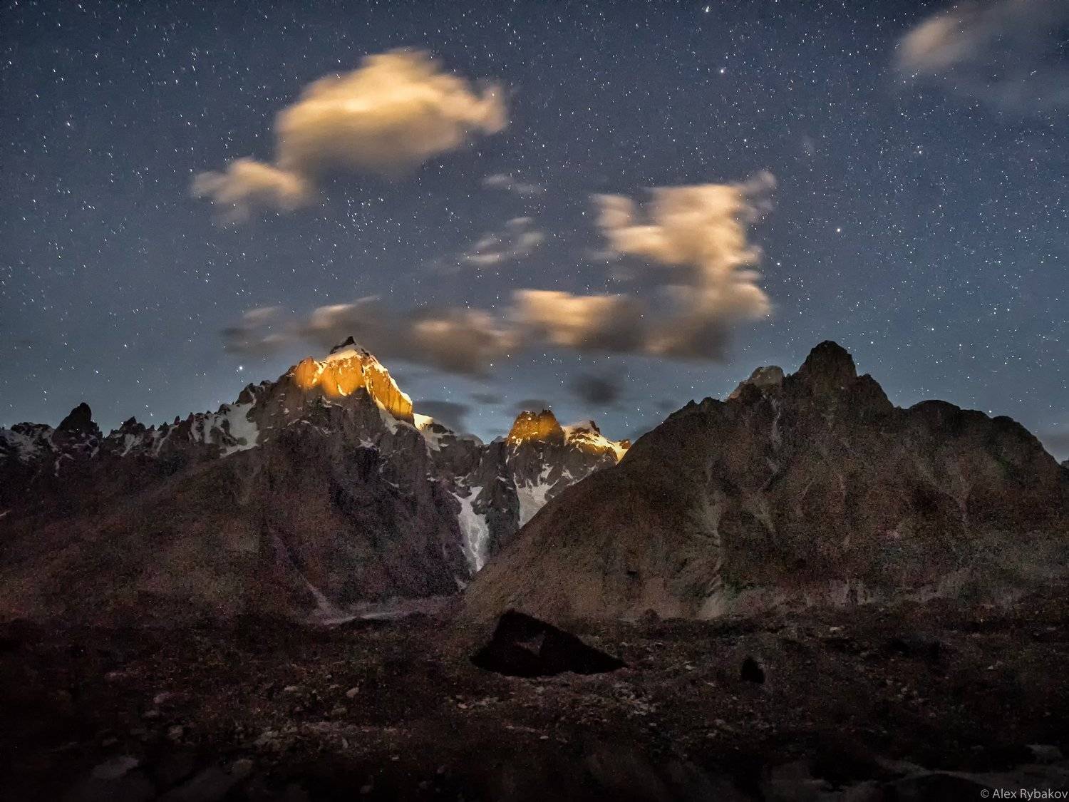 Горы, ночь, луна, небо , звезды, облака, ледник, Александр Рыбаков