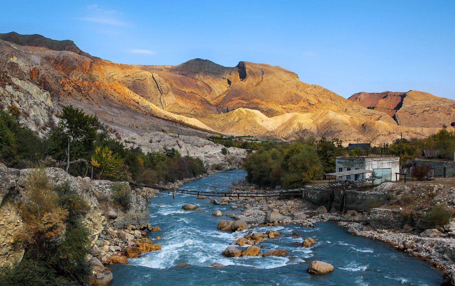 горы,река,мост,вершины,пейзаж,небо,деревья,дагестан,природа, Marat Magov