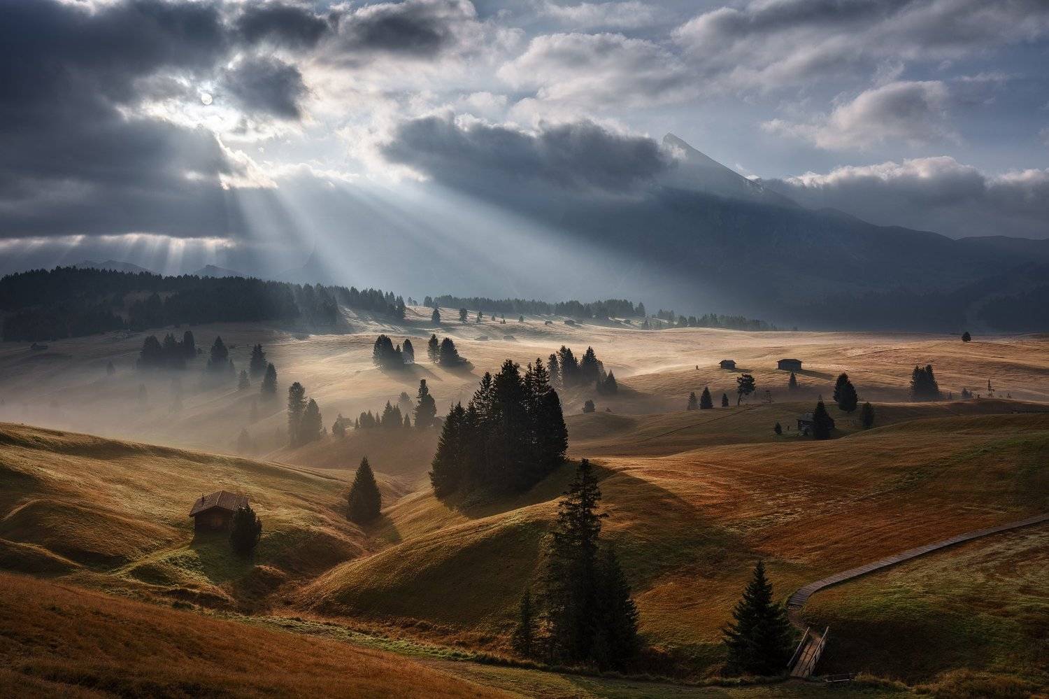 dolomites, dolomiti, mountains, alps, unesco, italy, mist, fog, clouds, sunrise, morning, light, mood, trees, meadows, huts, alpe di siusi, Martin Rak