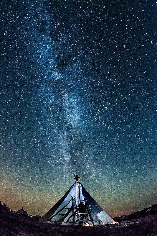 север, ночной пейзаж, чум, млечный путь \