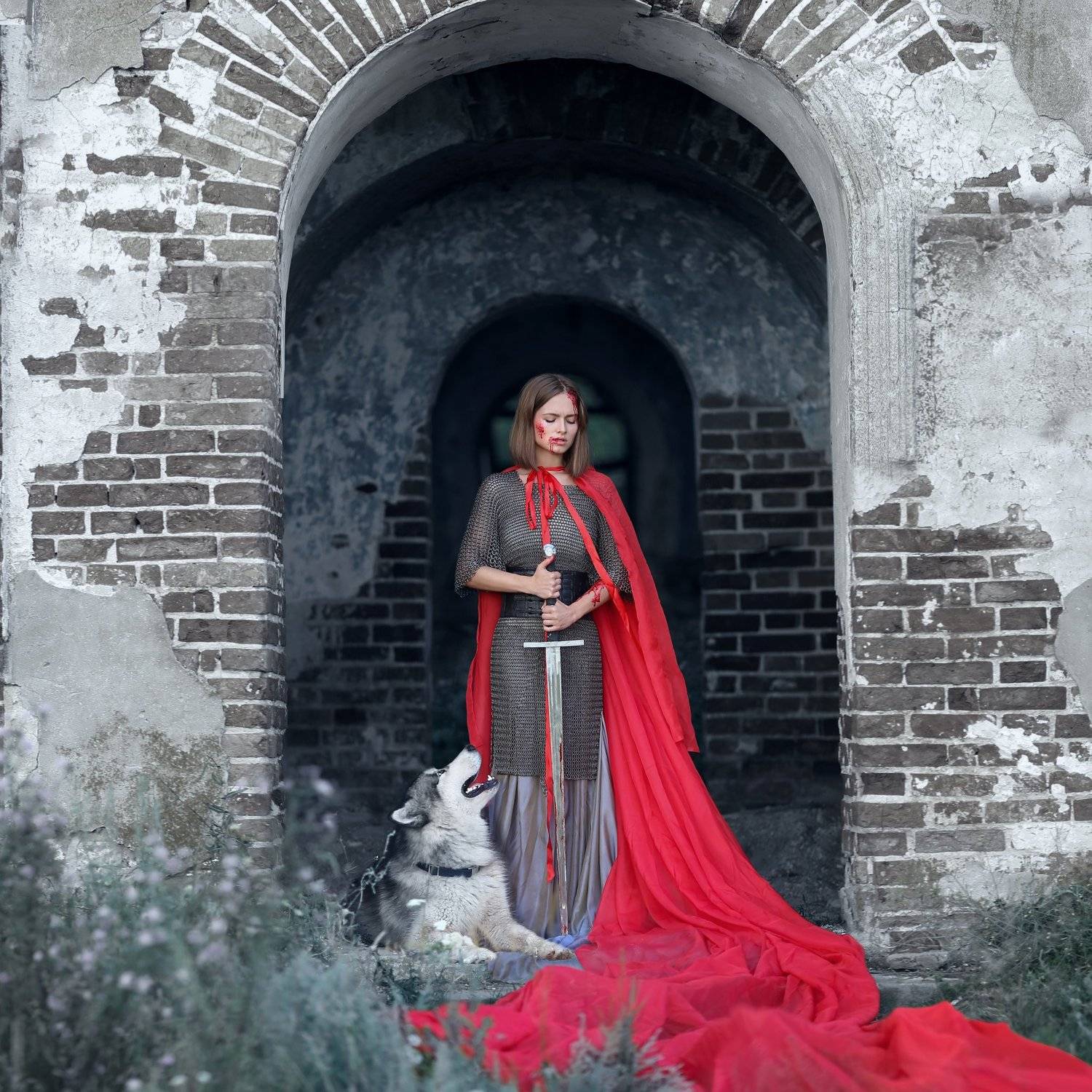 замок, кольчуга, скиф, маламут, аляскинский маламут, мкч, девушка с мечом, девушка воин, девушка в кольчуге, красный плащ, Ирина Голубятникова