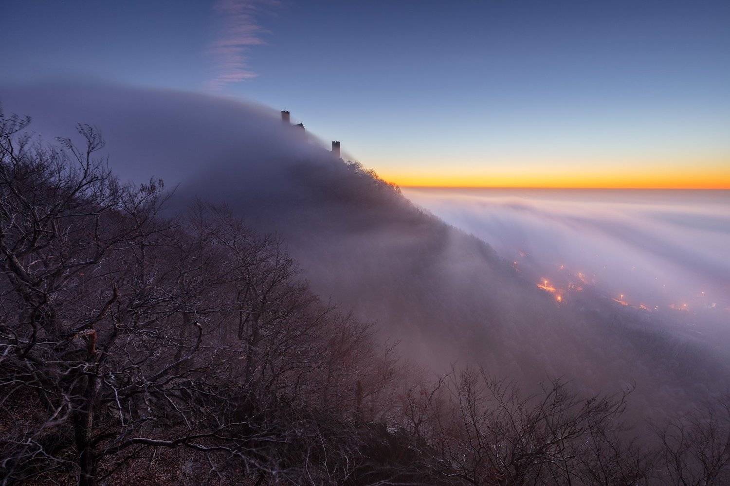 castle, czechia, czech republic, hill, trees, winter, fog, mist, clouds, sky, twilight, dawn, morning, light, mood, atmosphere, dark, landscape, Martin Rak