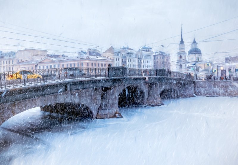 город,зима,мост,снегопад,метель,архитектура Снегопад. фото превью