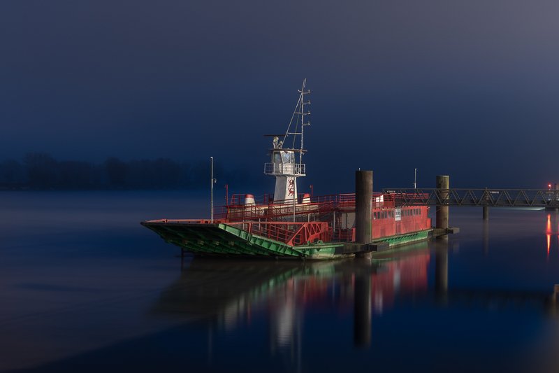 ferry; vessel; foggy; night; france; seine; river; Old ferry in mist фото превью