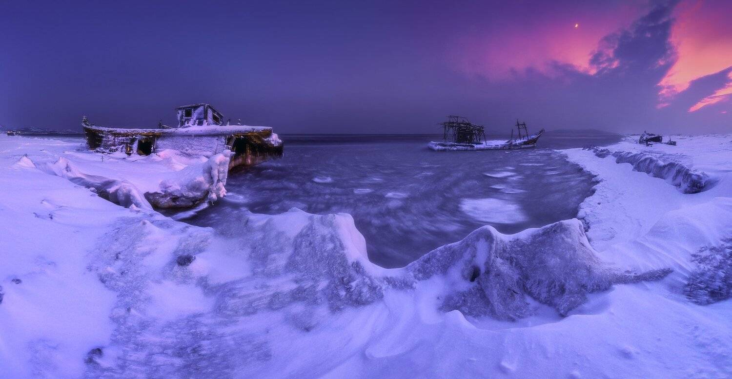 панорама, зима, море, шхуны, Андрей Кровлин