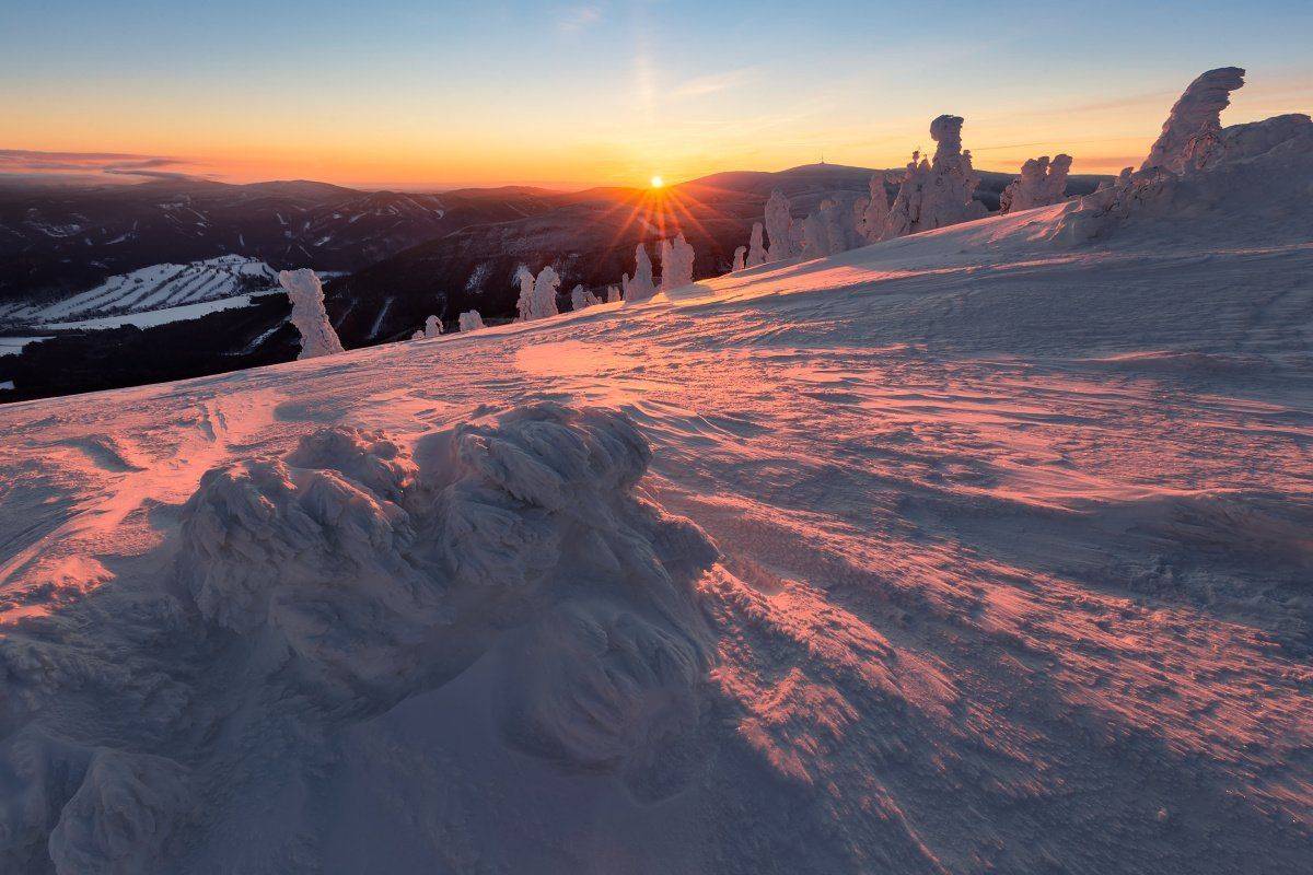 landscape, tree, sunset, panorama, rocks, Petr Fiala