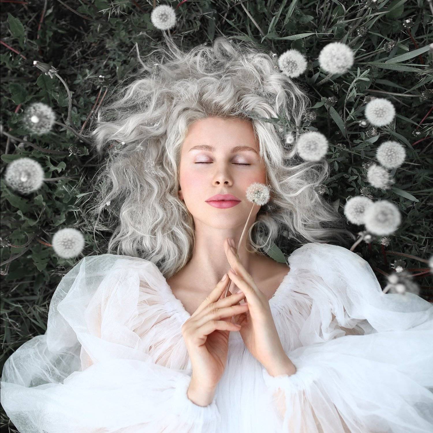 блондинка, одуванчики, девушка в одуванчиках, седые волосы, невесомость, Ирина Голубятникова