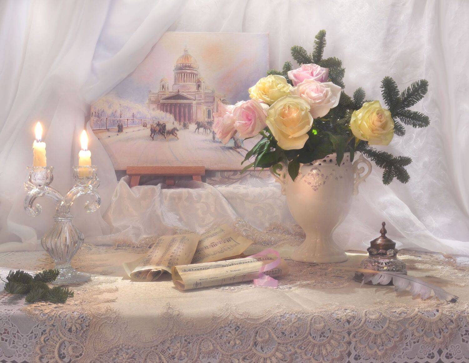 still lif,  натюрморт,  фото натюрморт,зима, январь,ветки голубой ели, новый год, свечи, подсвечник,настроение,розы, картина маслом исаакиевский собор в зимний день, ноты, стихи, чернильница, перо, Колова Валентина