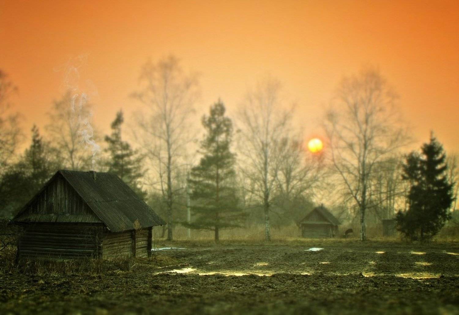 домик, дым, деревня, вечер, солнце, Vitalijus Serioginas