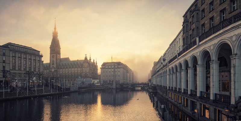 hamburg, alster, water, fog, sunset, arcaden, canal, city, downtown 01.01.2020!!! Happy New Year!!! фото превью