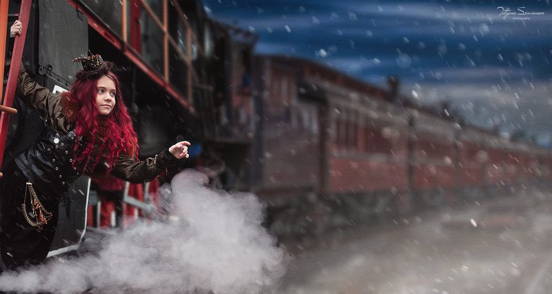 стим панк, волшебство, сказка, паровоз, сказочная фотосессия, шляпка, красный цвет Паровоз в волшебную страну отправляется! Просьба, занять свои места! Кто с нами?  фото превью