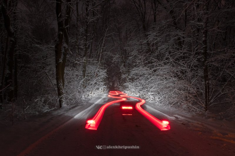 night, car, nighttrails, snow, winter, road, forest, landscape, nightscape Snow, trees and trails фото превью