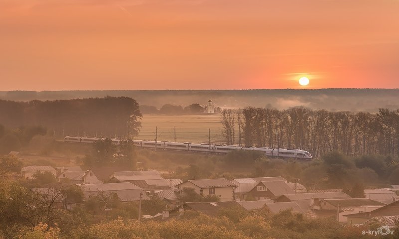 сапсан, ржд, рассвет, поезд, железная дорога, Владимир, Боголюбово, лето, туман,  Russian Railways, dawn, train, railway, Vladimir, Bogolyubovo, summer, fog *** фото превью