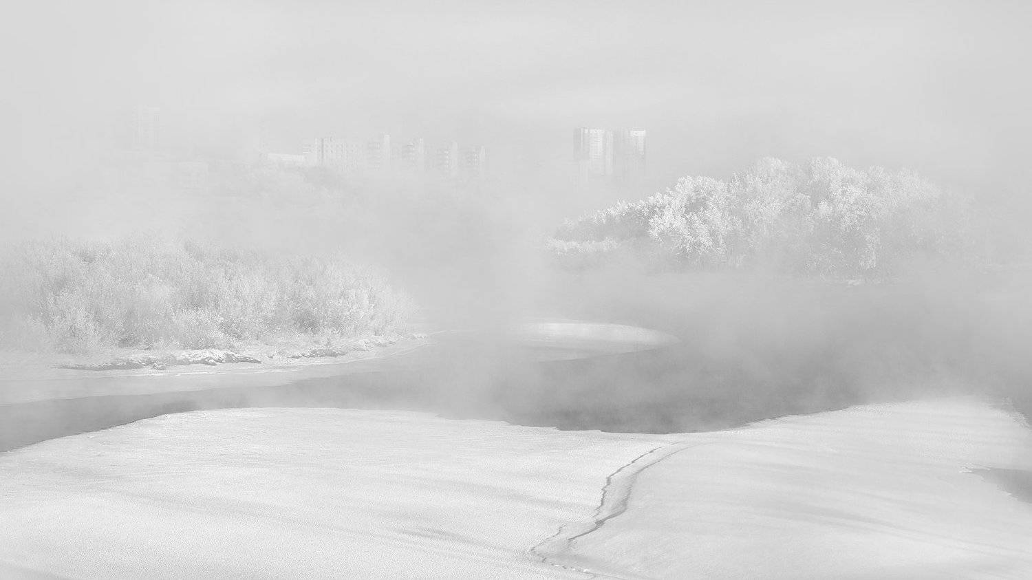пейзаж, природа, чб, черно-белое, белый, светлый, зима, мороз, холод, лед, река, туман, иней, снег, город, красноярск, татышев, енисей, сибирь, Дмитрий Антипов