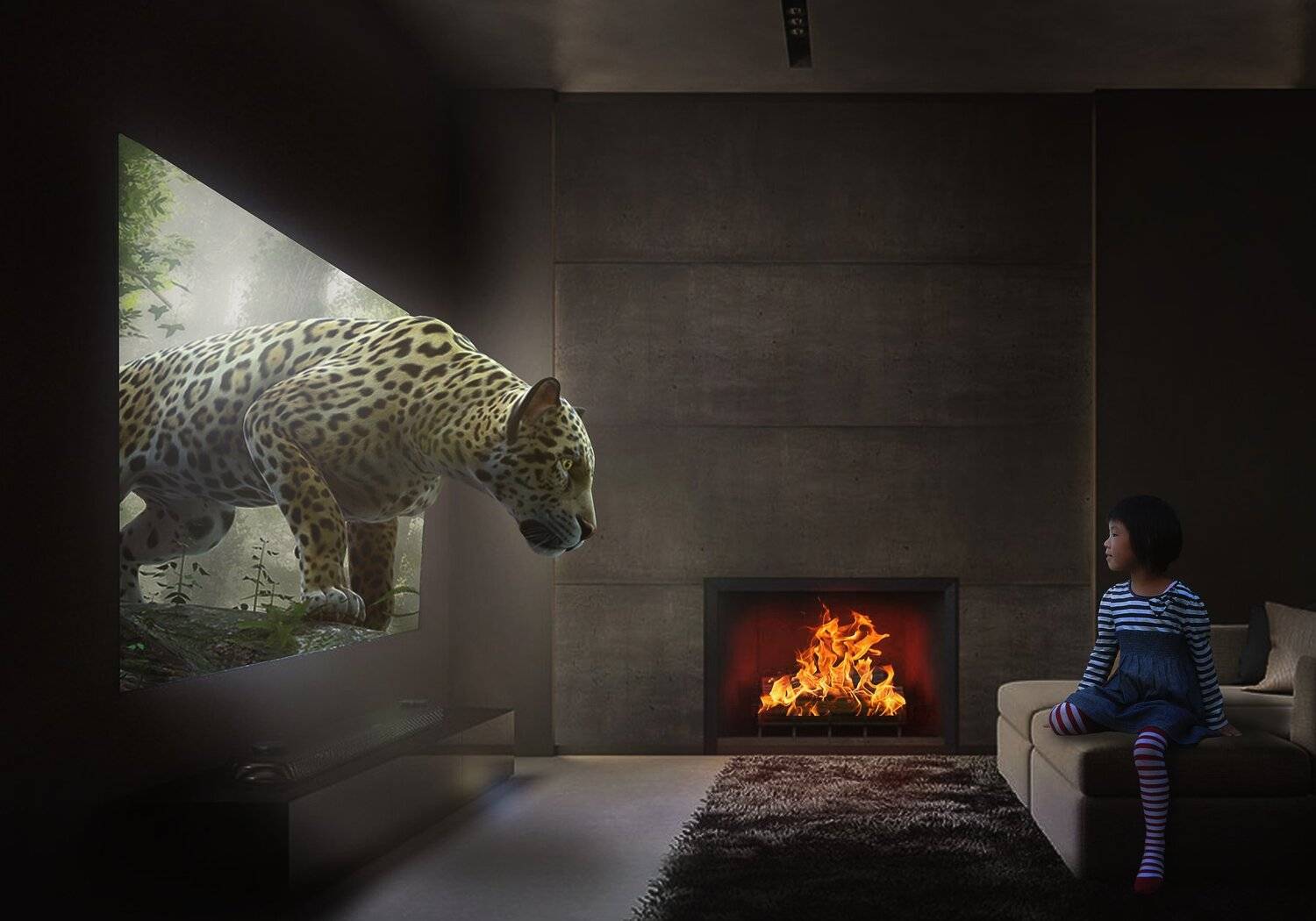 девочка, комната, леопард, телевизор, Sergii Vidov